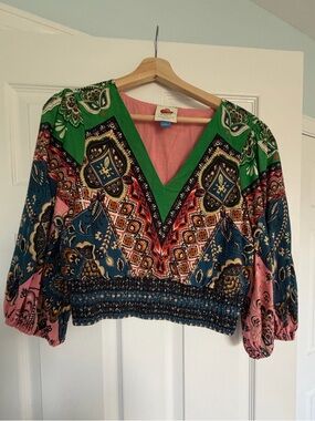 FARM Rio V-Neck Paisley Patchwork Top in Green, Blue & Pink